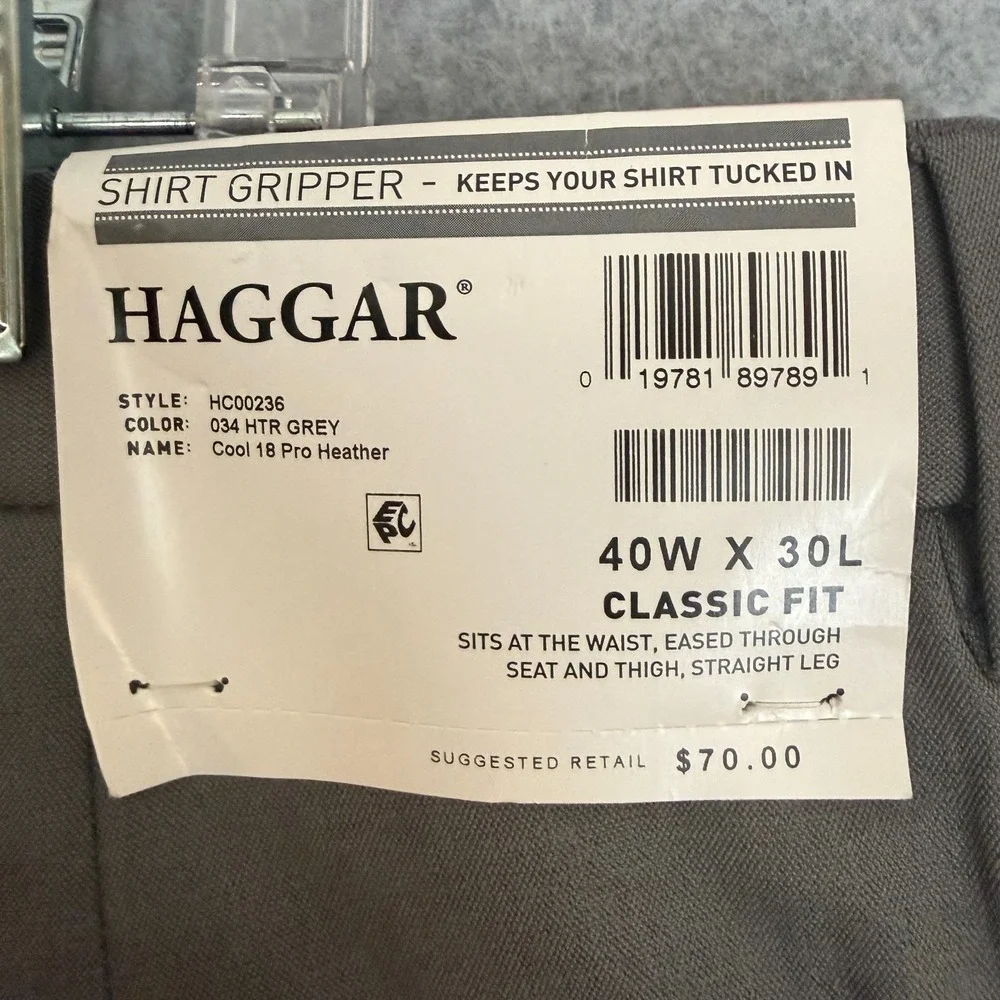 NEW! Haggar Dress Pants Mens 40x 30 Gray Stretch Classic Fit No Iron Flat Front
